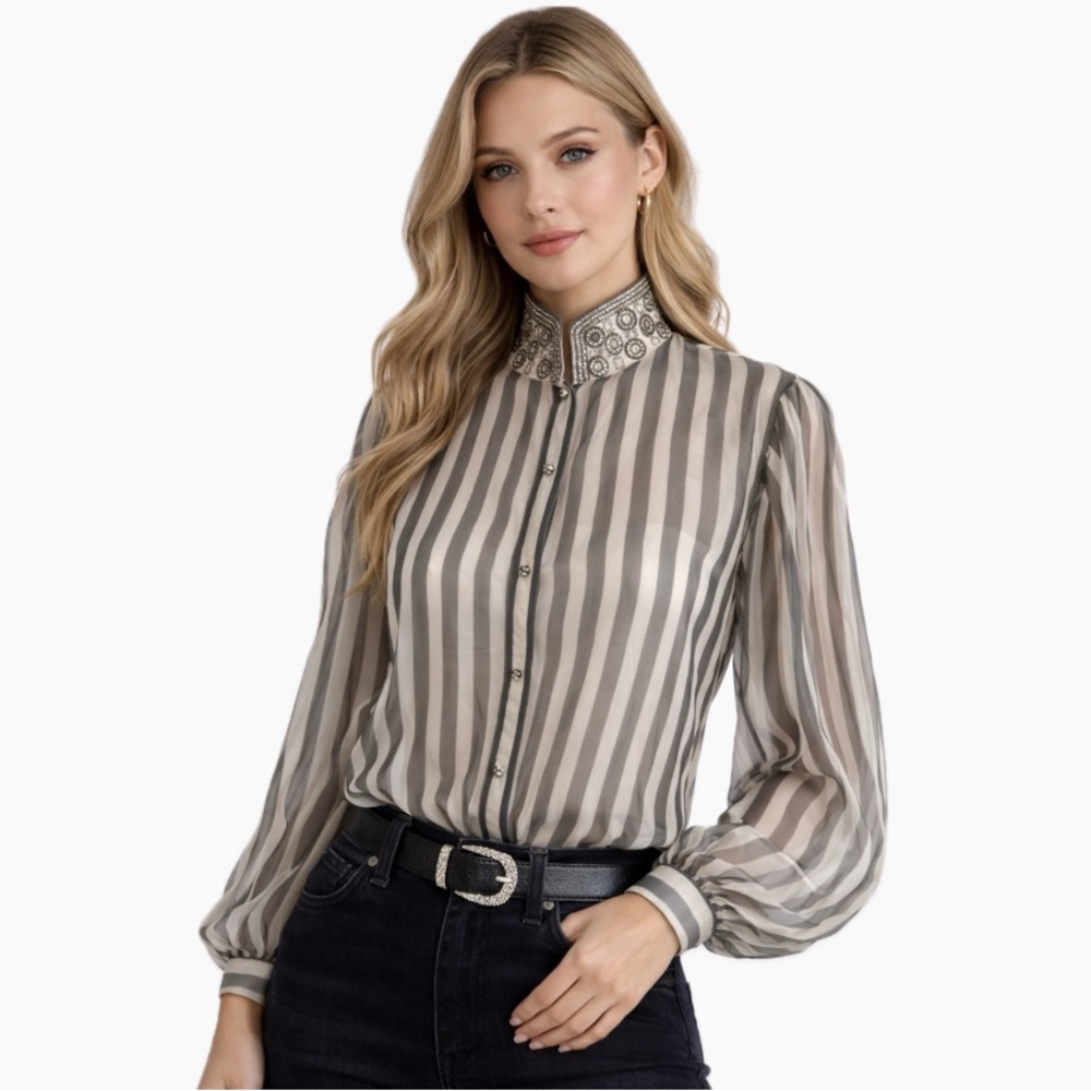Escada, Vintage Silk Blouse Embellished Collar Sheer Stripe, Size 40 (M)